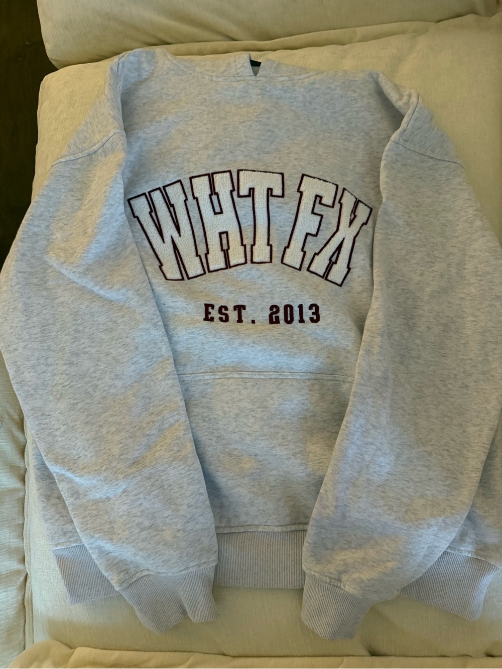 White Fox Boutique Light Gray Graphic Sweatshirt with Maroon Logo